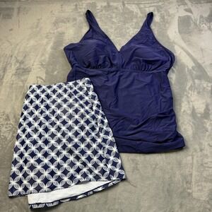 Daci Tankini Swimsuit Womens 24W Navy Blue Geometric Skirted Two Piece Plus Size